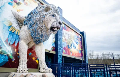  Large lion built from LEGO bricks on the LEGOLAND Maximus rollercoaster
