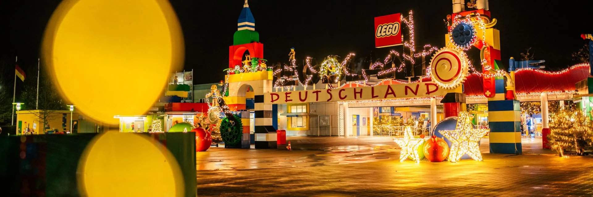 Illuminated LEGOLAND entrance portal in WinterWonder LEGOLAND